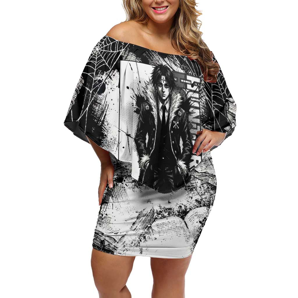 Chrollo Lucilfer Gothic Style Off Shoulder Short Dress with Spider Webs, Grimoire Illustration and Monochrome Design - The Mazicc