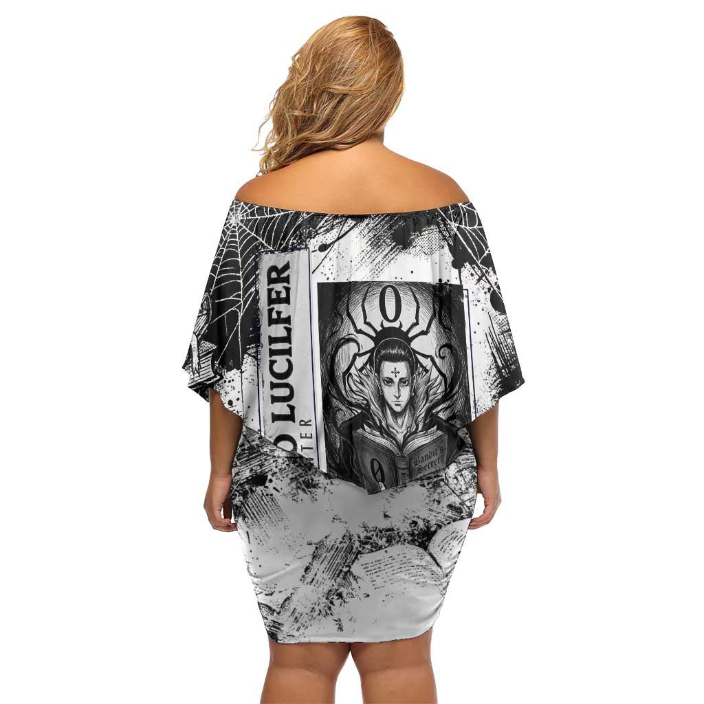 Chrollo Lucilfer Gothic Style Off Shoulder Short Dress with Spider Webs, Grimoire Illustration and Monochrome Design - The Mazicc