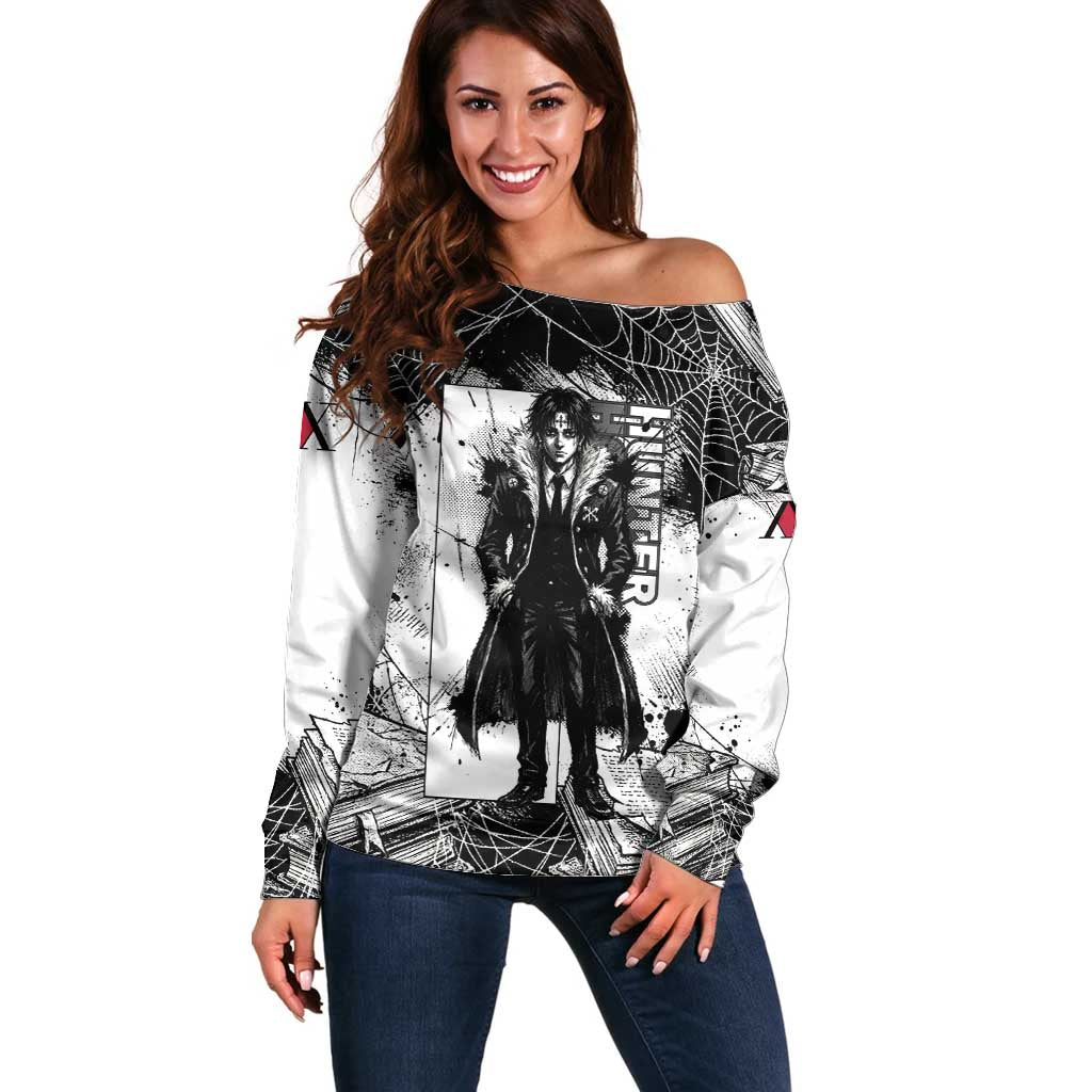 Chrollo Lucilfer Gothic Style Off Shoulder Sweater with Spider Webs, Grimoire Illustration and Monochrome Design - The Mazicc