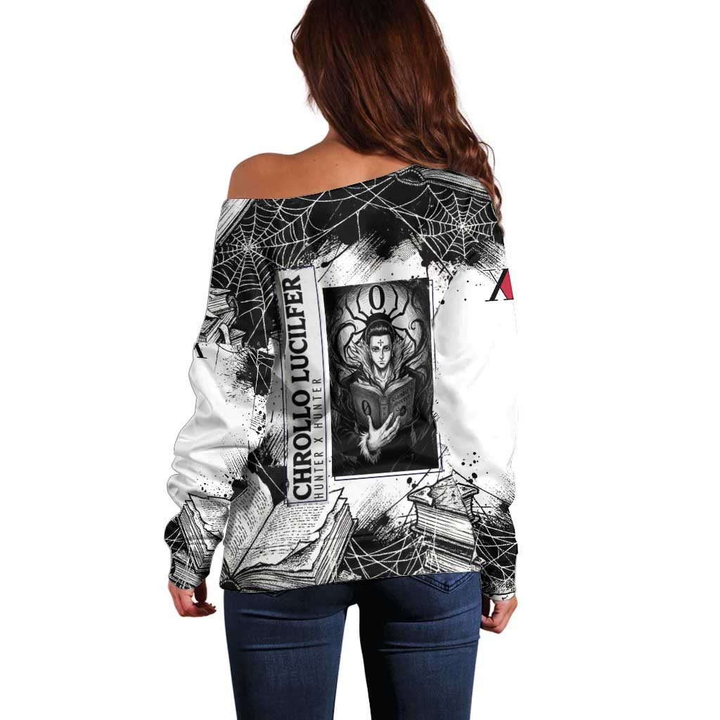 Chrollo Lucilfer Gothic Style Off Shoulder Sweater with Spider Webs, Grimoire Illustration and Monochrome Design - The Mazicc