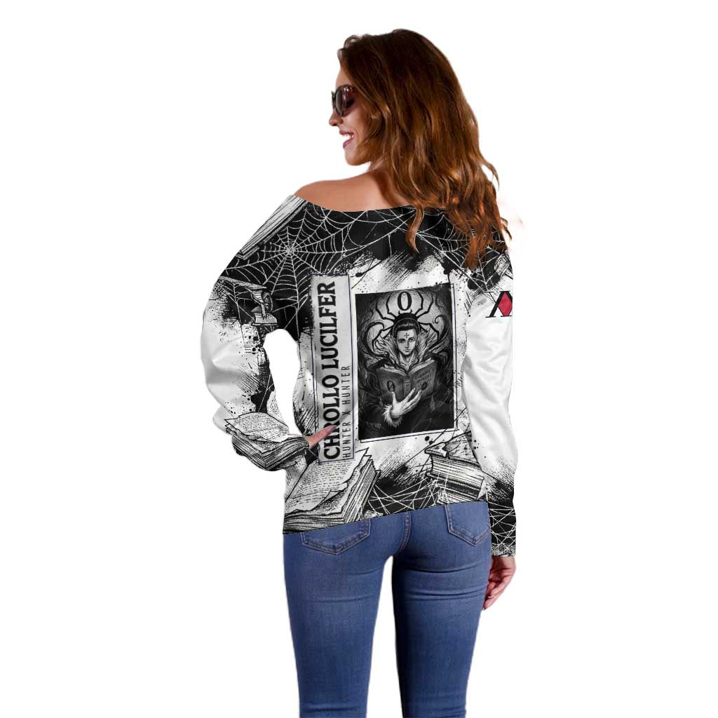 Chrollo Lucilfer Gothic Style Off Shoulder Sweater with Spider Webs, Grimoire Illustration and Monochrome Design - The Mazicc