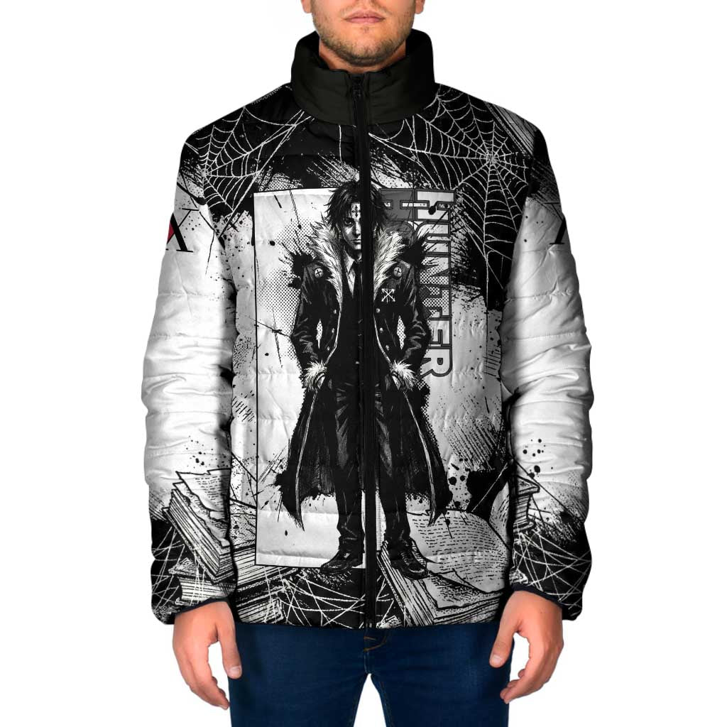 Chrollo Lucilfer Gothic Style Padded Jacket with Spider Webs, Grimoire Illustration and Monochrome Design - The Mazicc