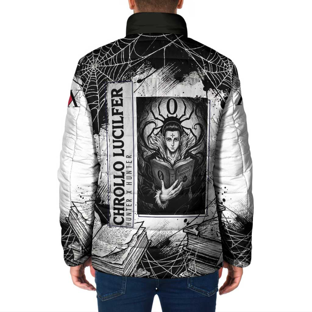Chrollo Lucilfer Gothic Style Padded Jacket with Spider Webs, Grimoire Illustration and Monochrome Design - The Mazicc