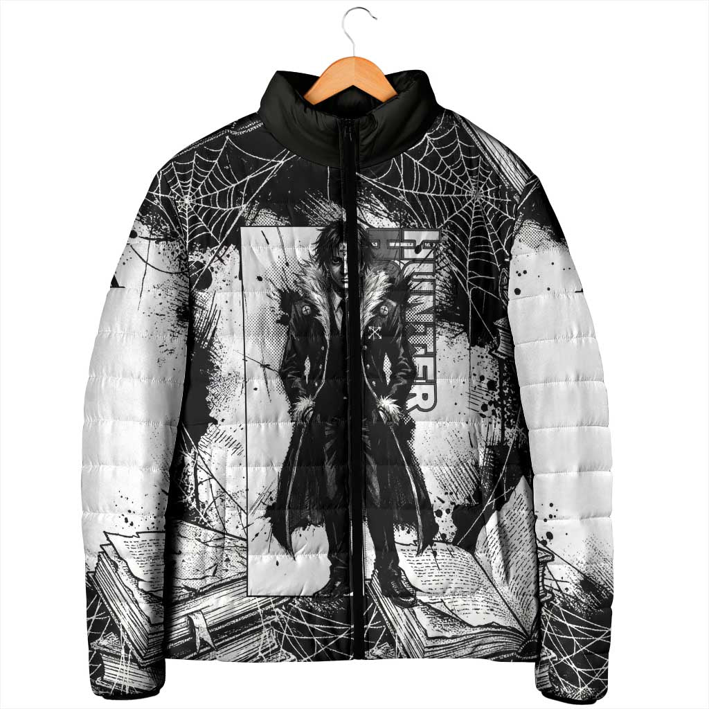 Chrollo Lucilfer Gothic Style Padded Jacket with Spider Webs, Grimoire Illustration and Monochrome Design - The Mazicc