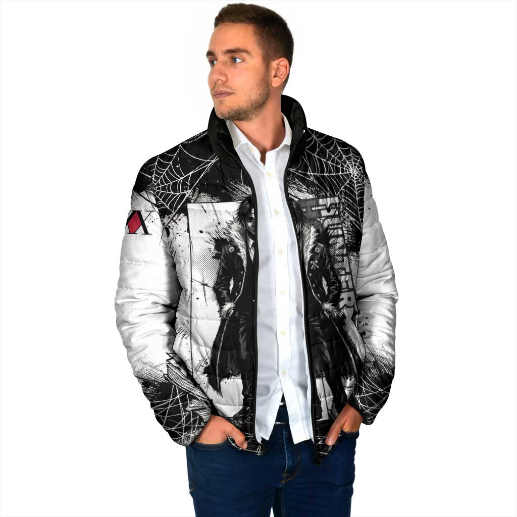 Chrollo Lucilfer Gothic Style Padded Jacket with Spider Webs, Grimoire Illustration and Monochrome Design - The Mazicc
