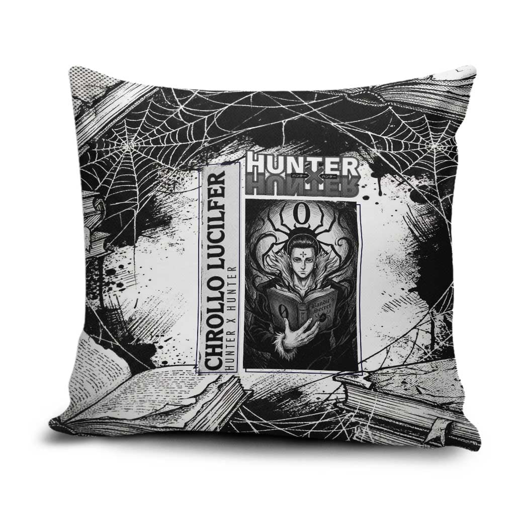 Chrollo Lucilfer Gothic Style Pillow Cover with Spider Webs, Grimoire Illustration and Monochrome Design - The Mazicc
