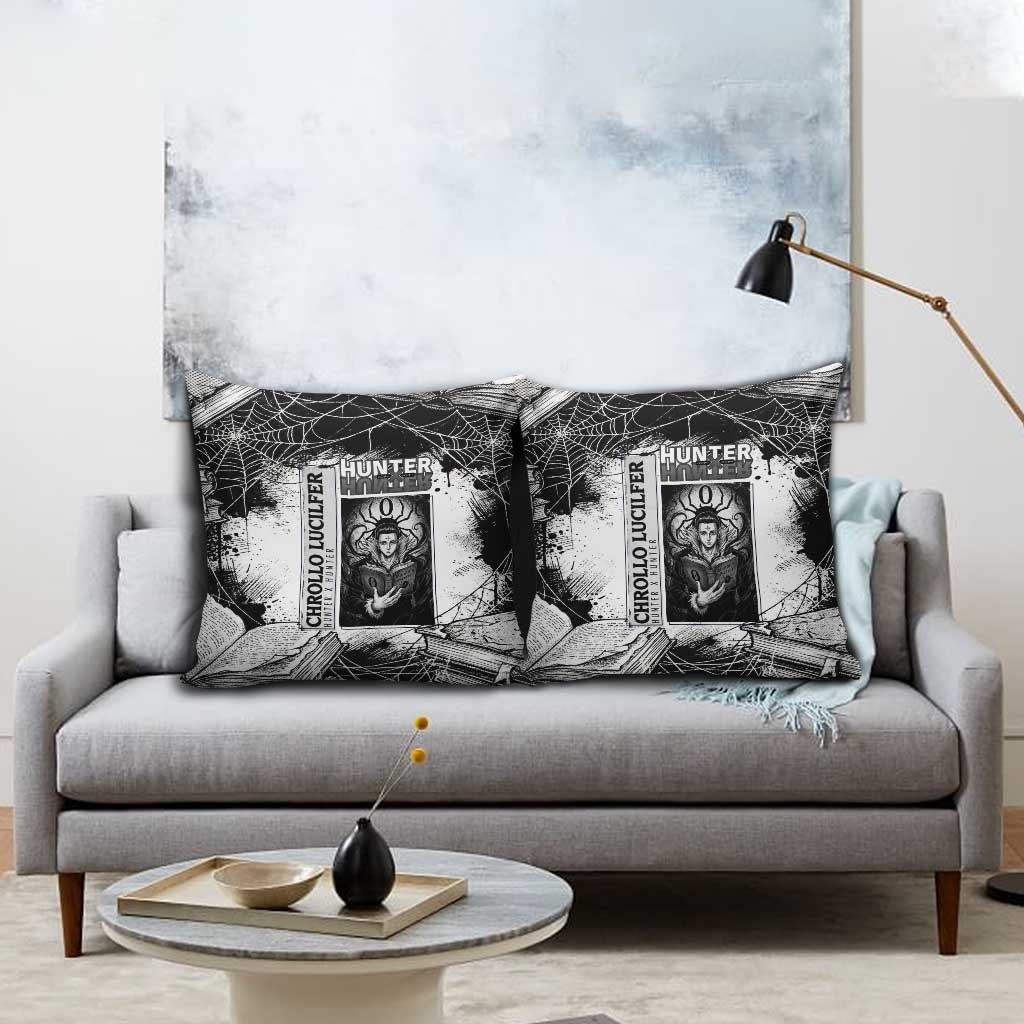 Chrollo Lucilfer Gothic Style Pillow Cover with Spider Webs, Grimoire Illustration and Monochrome Design - The Mazicc