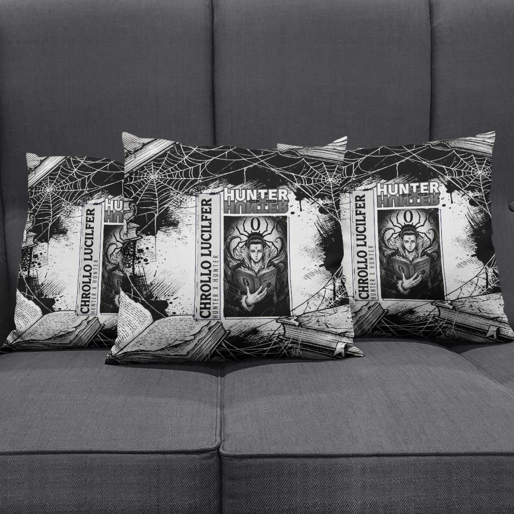 Chrollo Lucilfer Gothic Style Pillow Cover with Spider Webs, Grimoire Illustration and Monochrome Design - The Mazicc