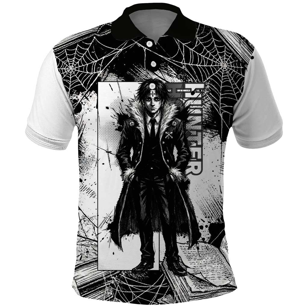 Chrollo Lucilfer Gothic Style Polo Shirt with Spider Webs, Grimoire Illustration and Monochrome Design - The Mazicc