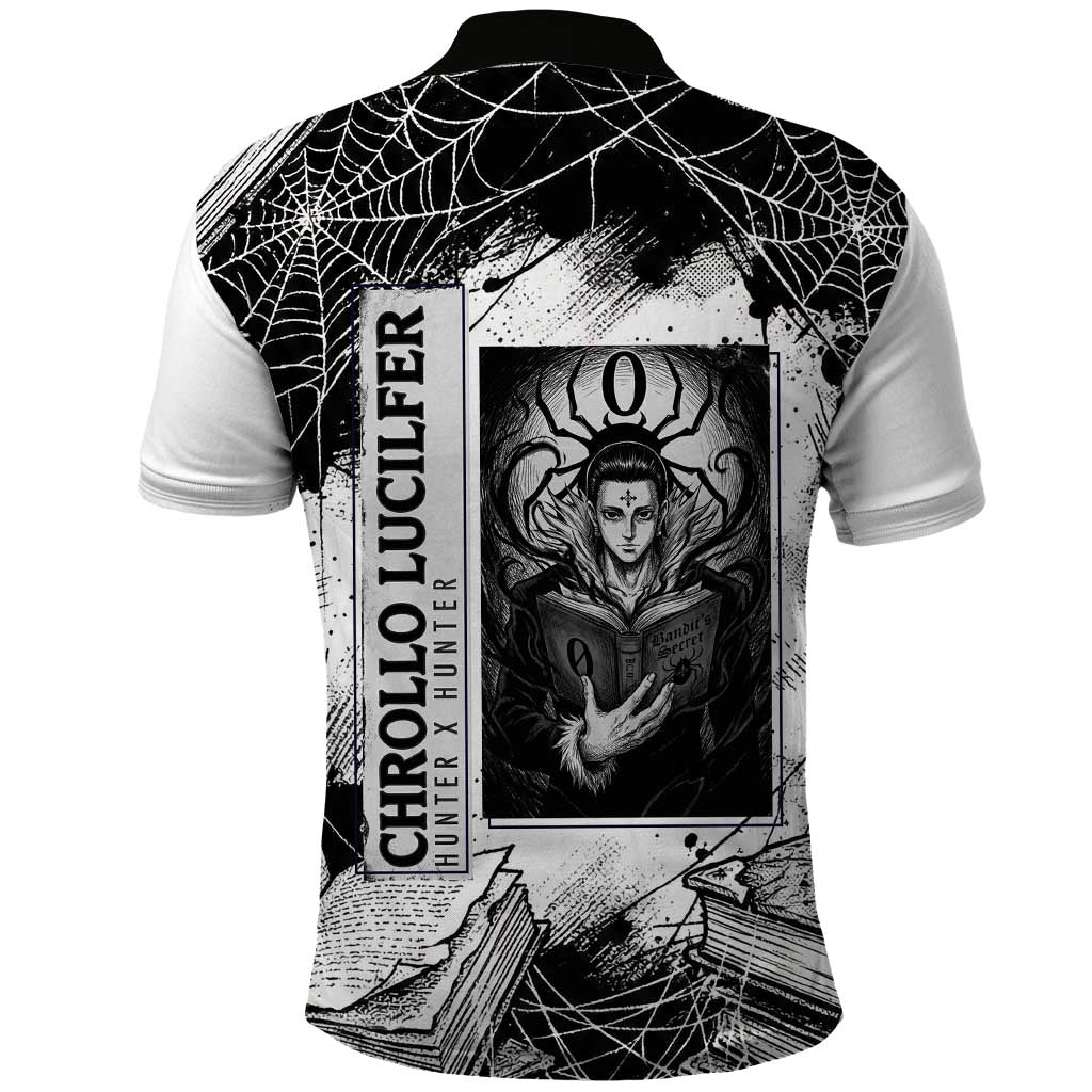 Chrollo Lucilfer Gothic Style Polo Shirt with Spider Webs, Grimoire Illustration and Monochrome Design - The Mazicc