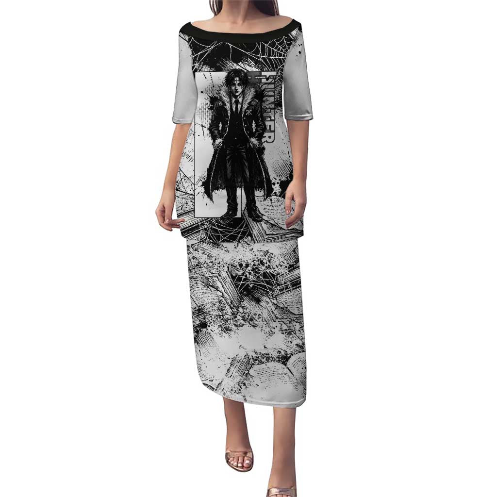 Chrollo Lucilfer Gothic Style Puletasi with Spider Webs, Grimoire Illustration and Monochrome Design - The Mazicc