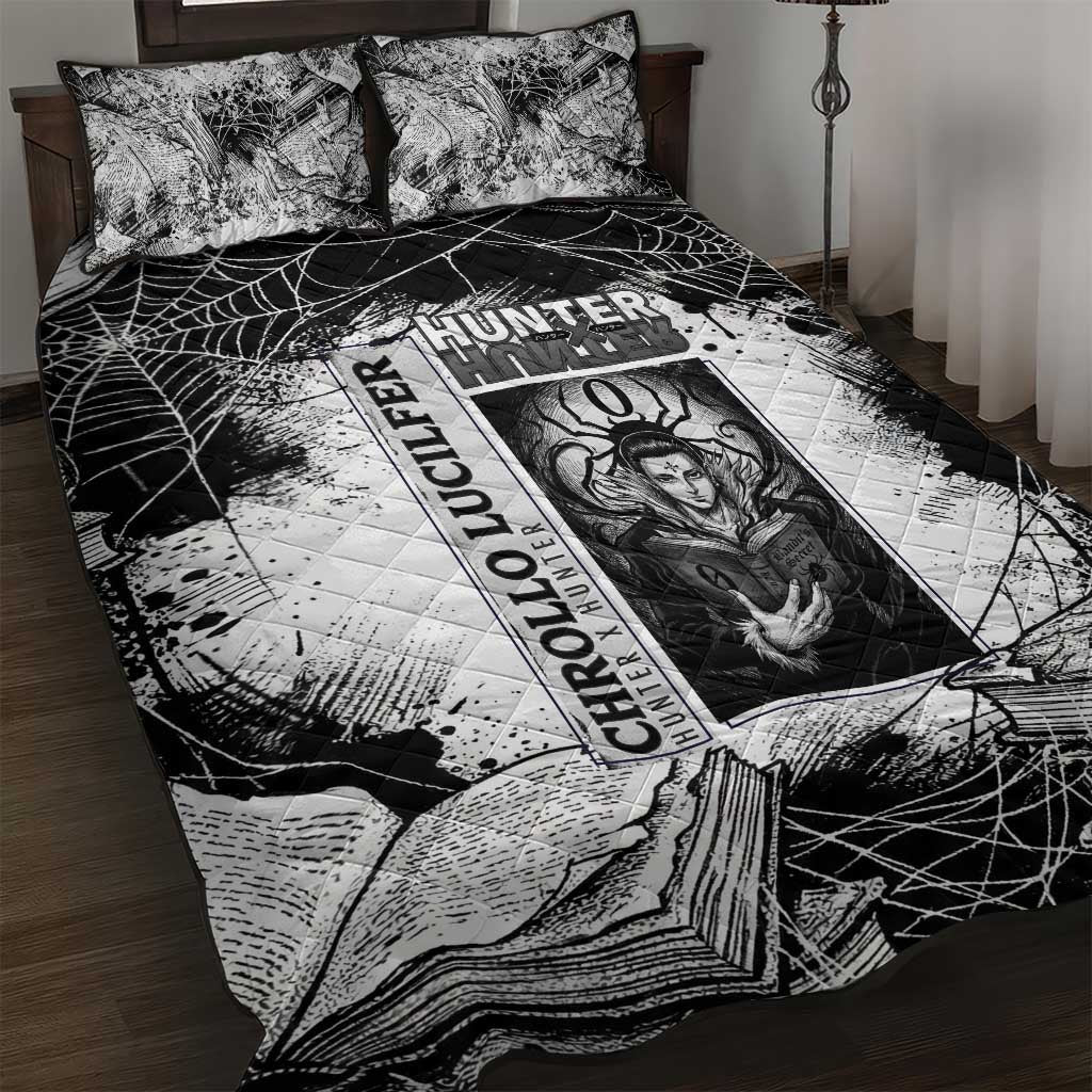 Chrollo Lucilfer Gothic Style Quilt Bed Set with Spider Webs, Grimoire Illustration and Monochrome Design - The Mazicc