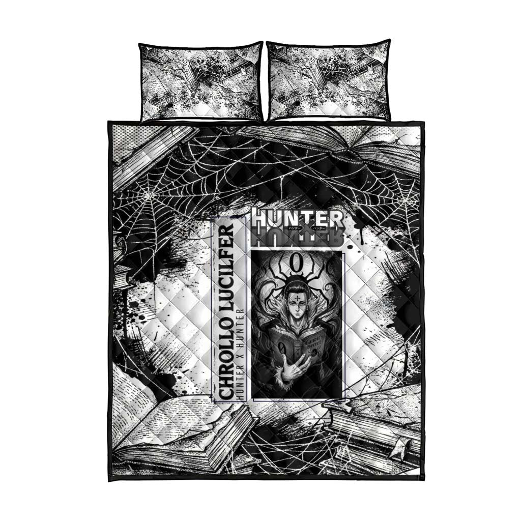 Chrollo Lucilfer Gothic Style Quilt Bed Set with Spider Webs, Grimoire Illustration and Monochrome Design - The Mazicc