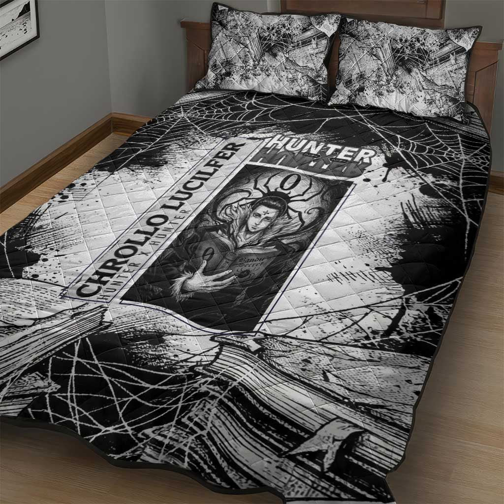 Chrollo Lucilfer Gothic Style Quilt Bed Set with Spider Webs, Grimoire Illustration and Monochrome Design - The Mazicc