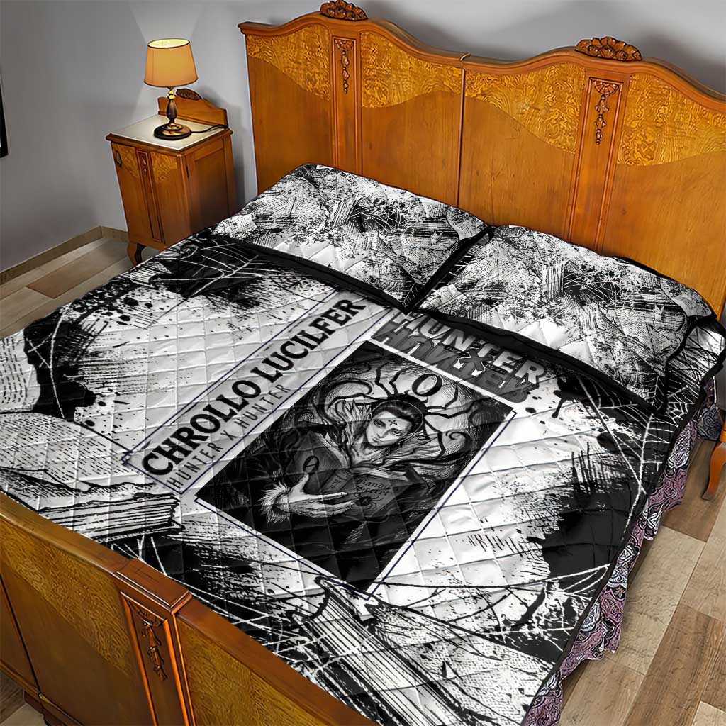 Chrollo Lucilfer Gothic Style Quilt Bed Set with Spider Webs, Grimoire Illustration and Monochrome Design - The Mazicc