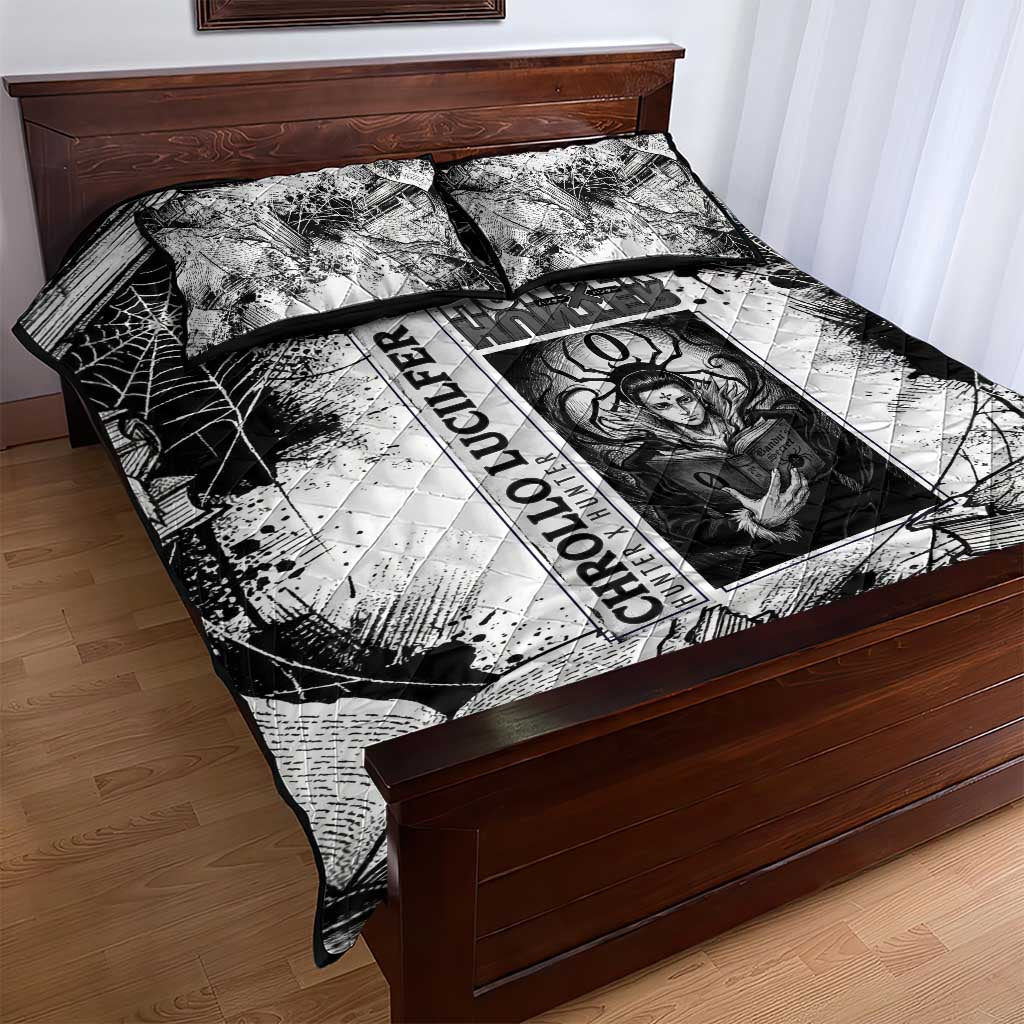 Chrollo Lucilfer Gothic Style Quilt Bed Set with Spider Webs, Grimoire Illustration and Monochrome Design - The Mazicc