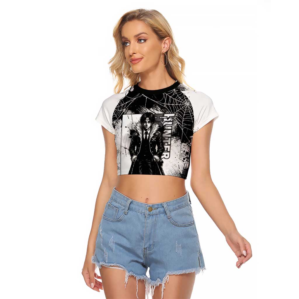 Chrollo Lucilfer Gothic Style Raglan Cropped T Shirt with Spider Webs, Grimoire Illustration and Monochrome Design - The Mazicc