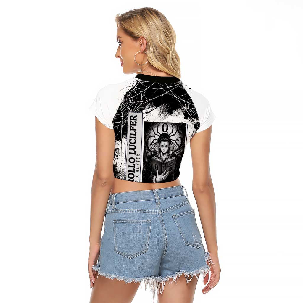 Chrollo Lucilfer Gothic Style Raglan Cropped T Shirt with Spider Webs, Grimoire Illustration and Monochrome Design - The Mazicc