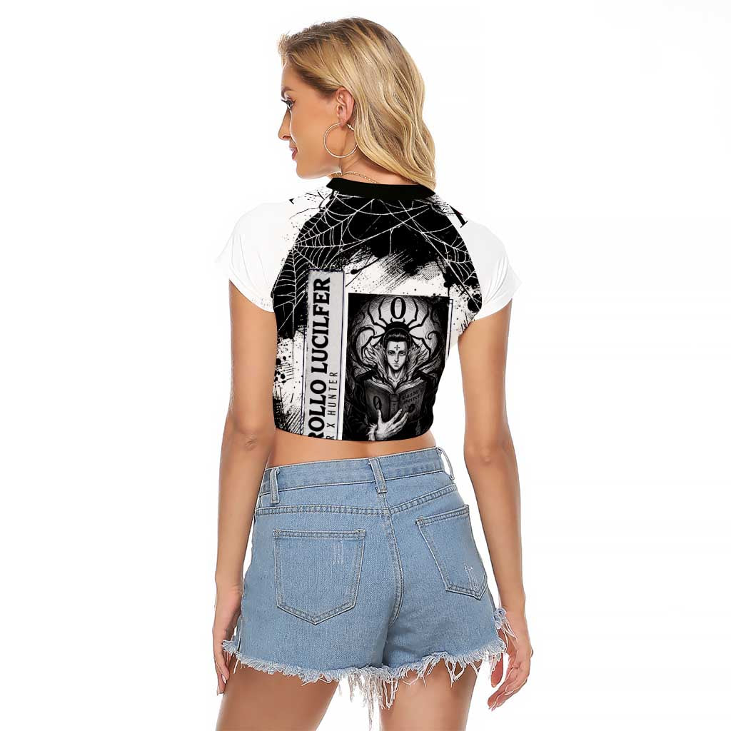 Chrollo Lucilfer Gothic Style Raglan Cropped T Shirt with Spider Webs, Grimoire Illustration and Monochrome Design - The Mazicc