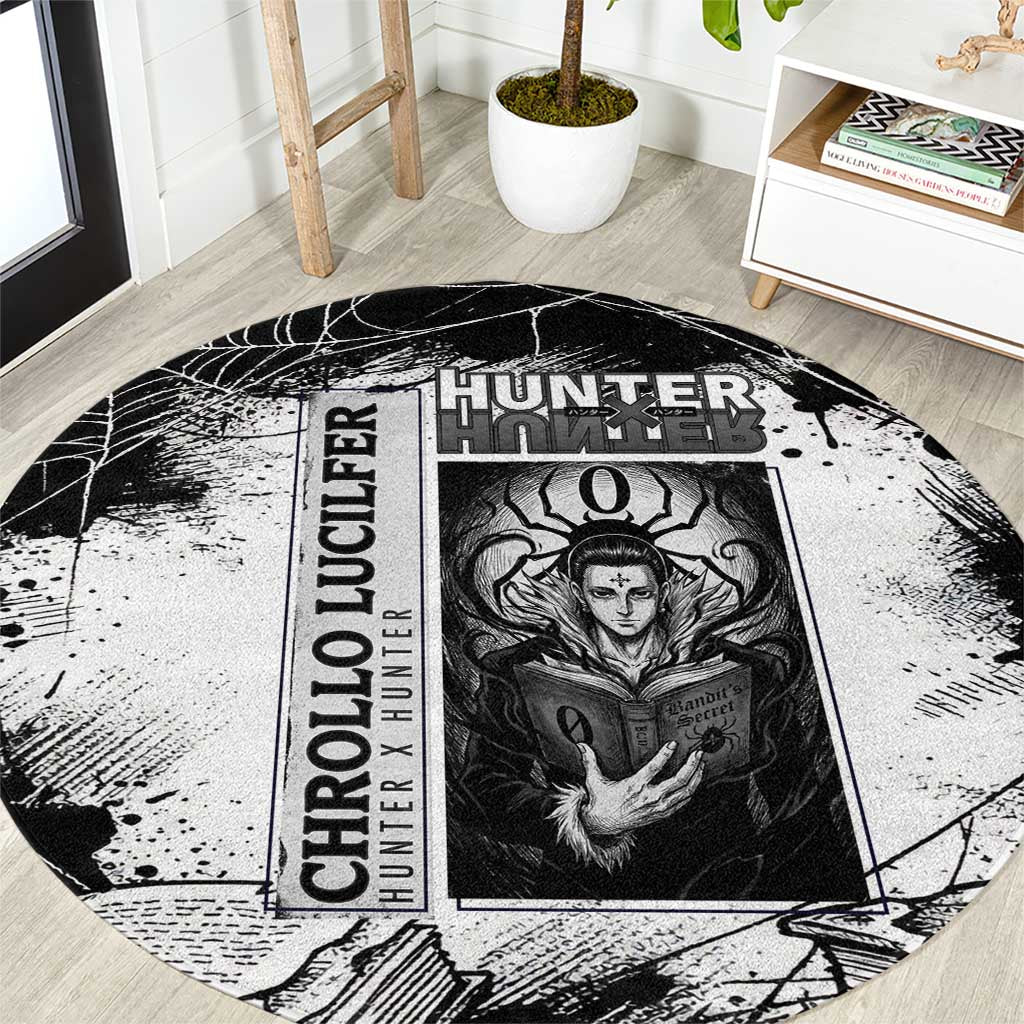 Chrollo Lucilfer Gothic Style Round Carpet with Spider Webs, Grimoire Illustration and Monochrome Design - The Mazicc