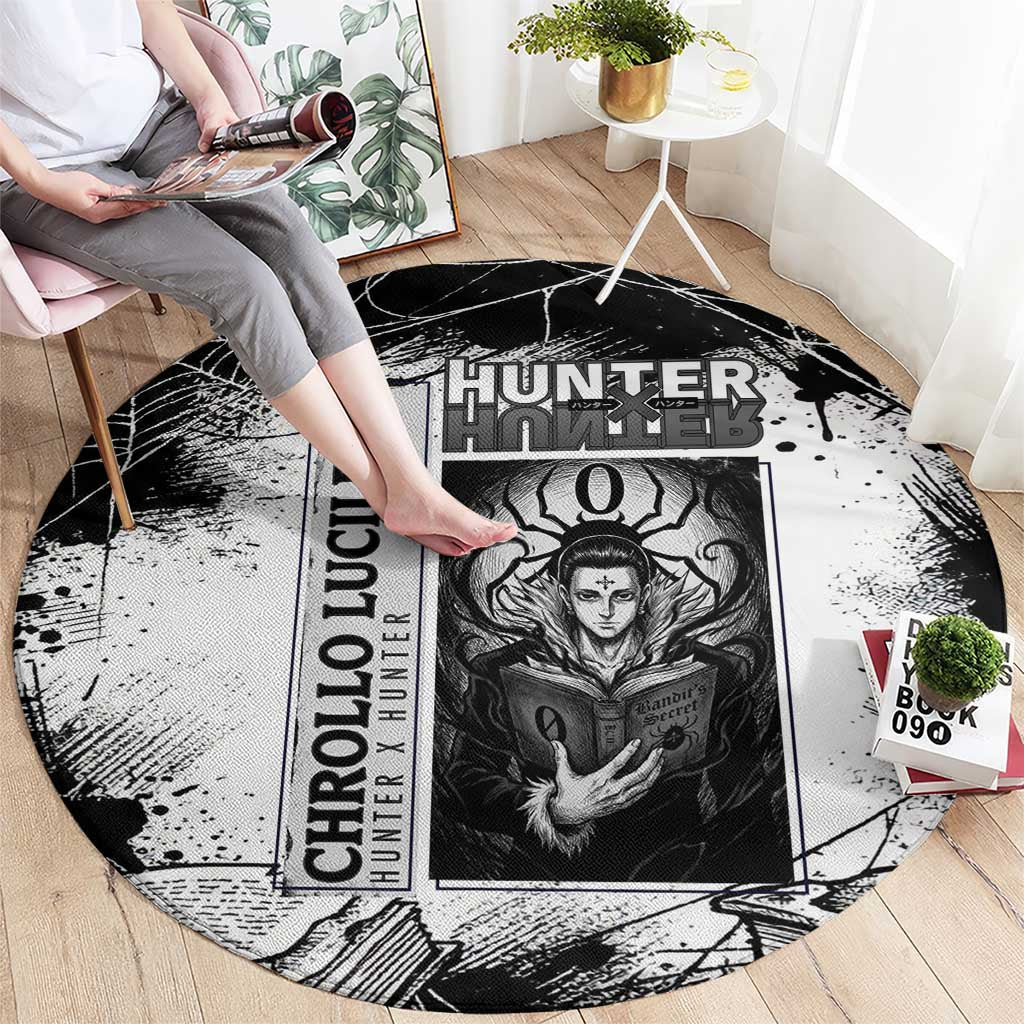 Chrollo Lucilfer Gothic Style Round Carpet with Spider Webs, Grimoire Illustration and Monochrome Design - The Mazicc