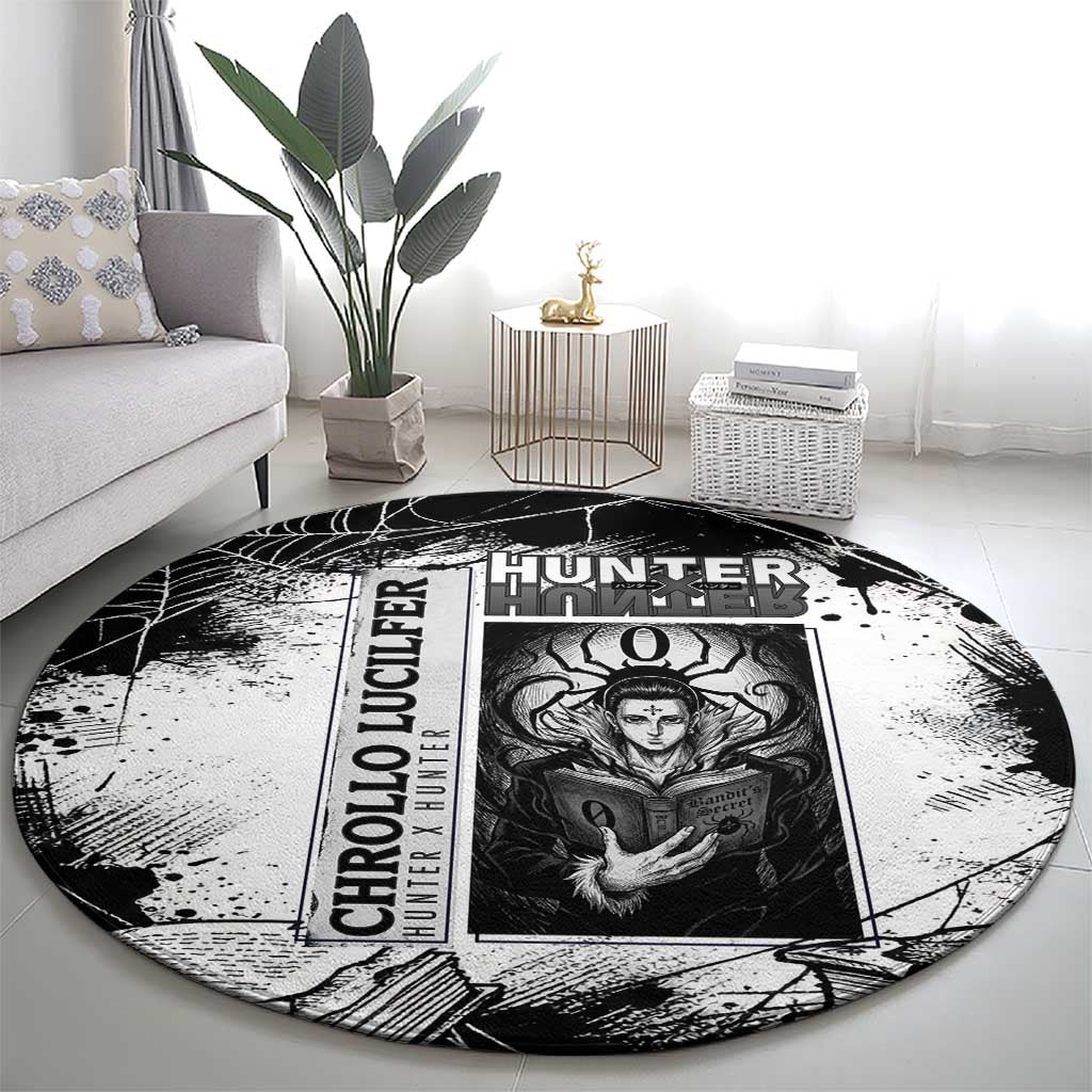 Chrollo Lucilfer Gothic Style Round Carpet with Spider Webs, Grimoire Illustration and Monochrome Design - The Mazicc