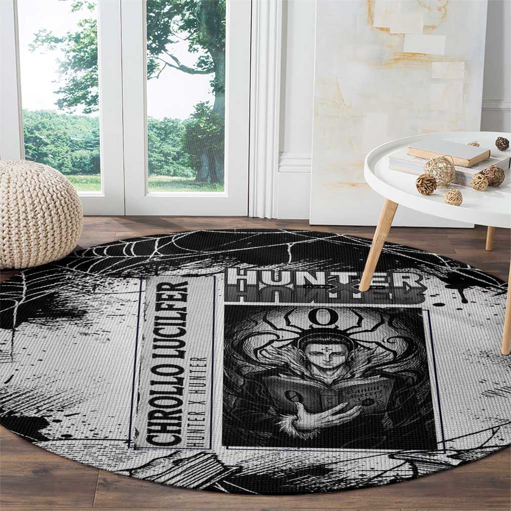 Chrollo Lucilfer Gothic Style Round Carpet with Spider Webs, Grimoire Illustration and Monochrome Design - The Mazicc
