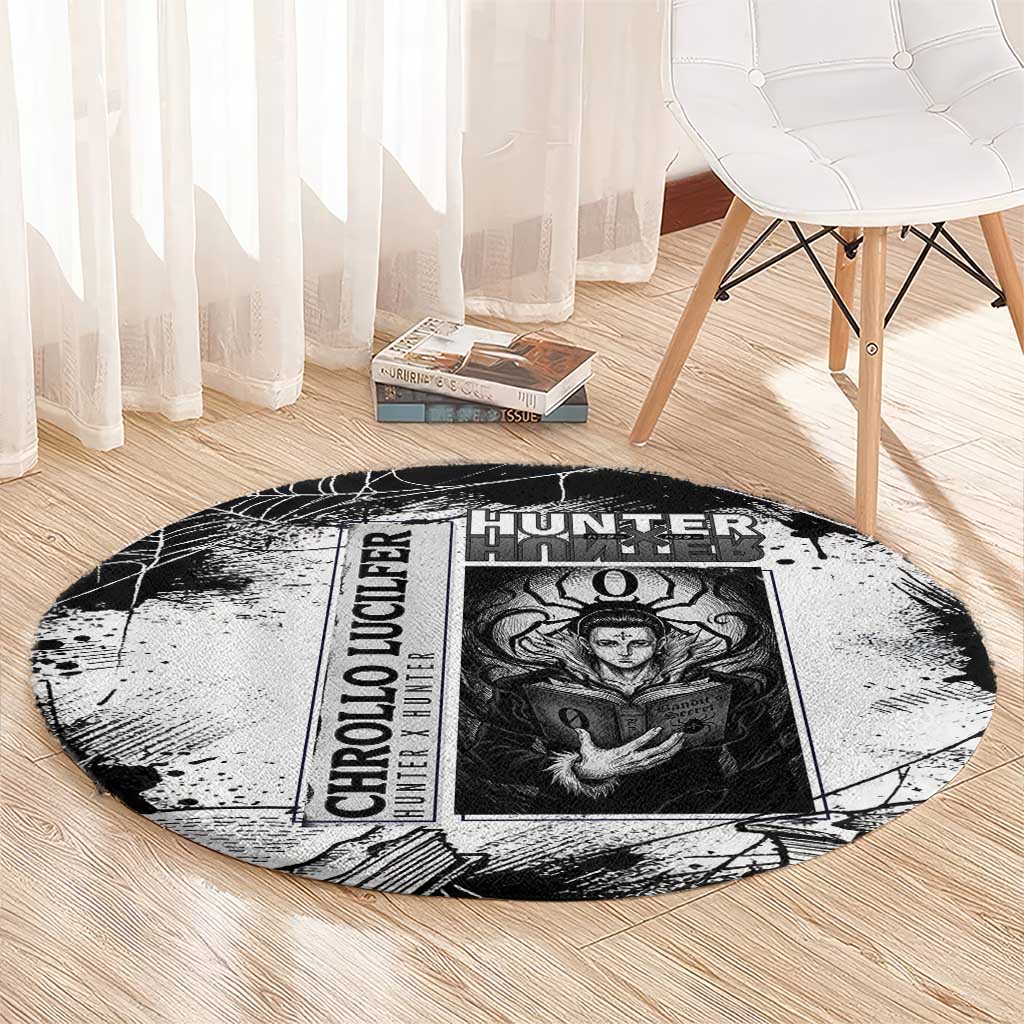 Chrollo Lucilfer Gothic Style Round Carpet with Spider Webs, Grimoire Illustration and Monochrome Design - The Mazicc
