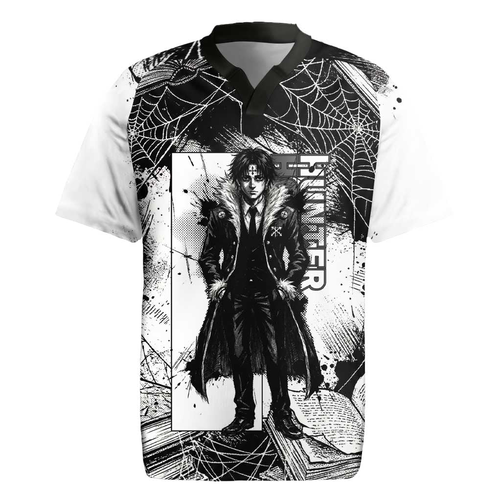 Chrollo Lucilfer Gothic Style Rugby Jersey with Spider Webs, Grimoire Illustration and Monochrome Design - The Mazicc