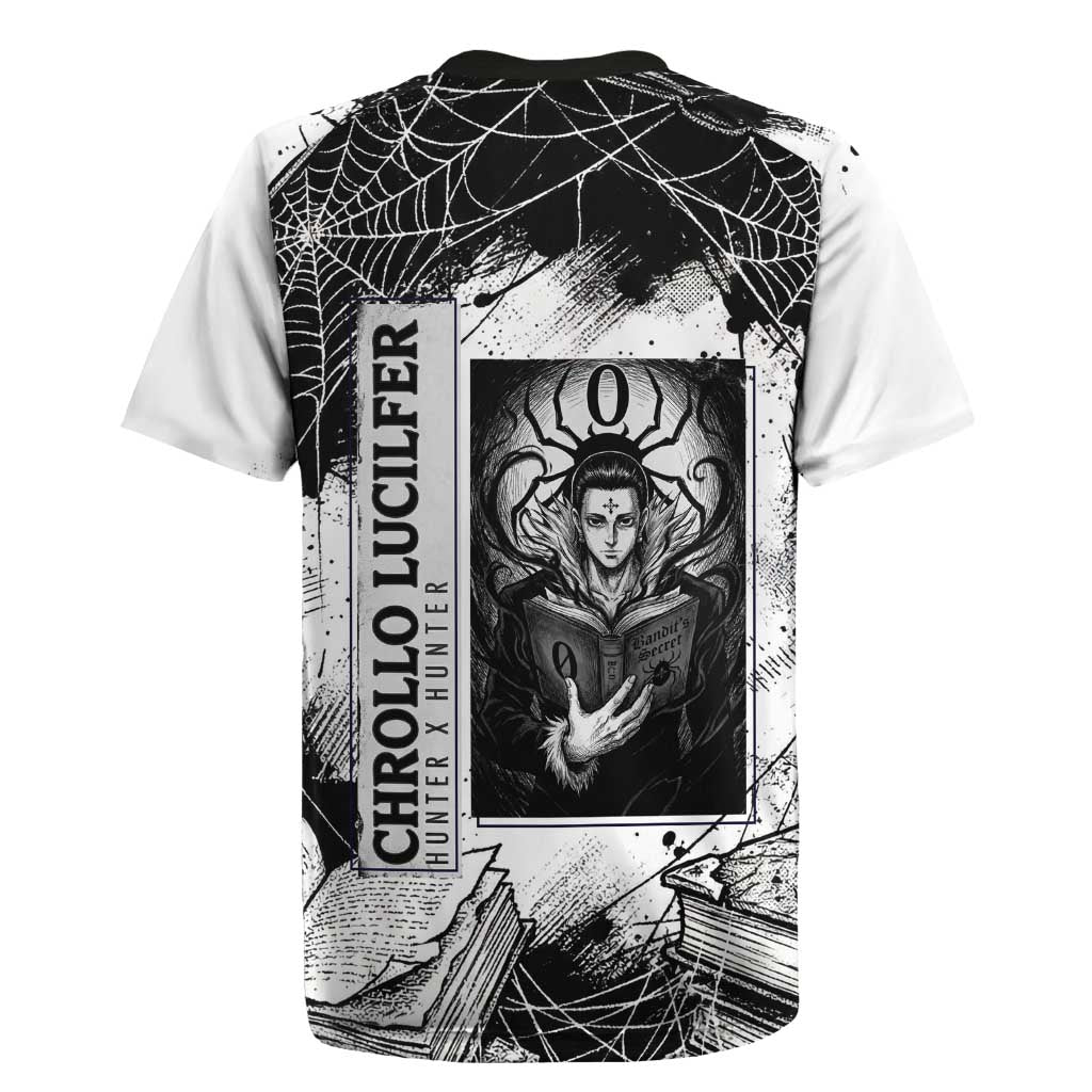 Chrollo Lucilfer Gothic Style Rugby Jersey with Spider Webs, Grimoire Illustration and Monochrome Design - The Mazicc
