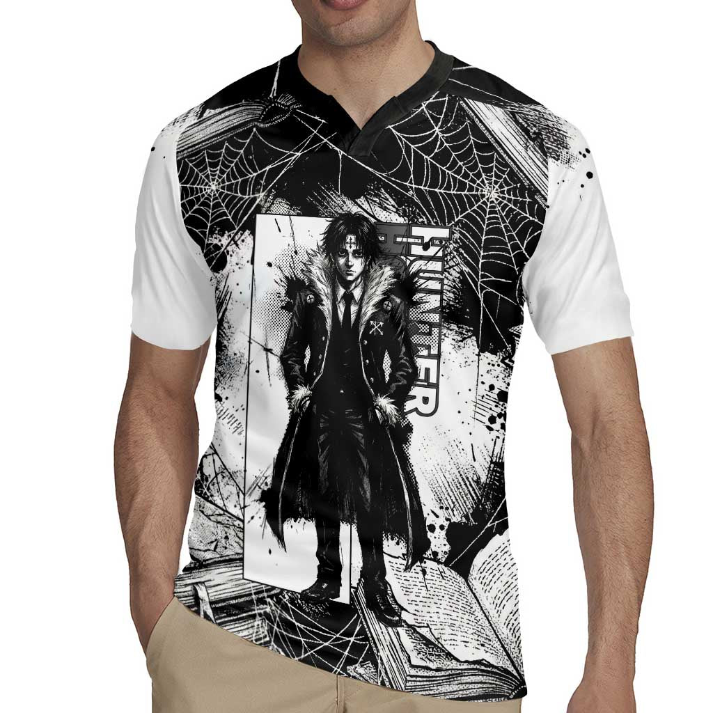 Chrollo Lucilfer Gothic Style Rugby Jersey with Spider Webs, Grimoire Illustration and Monochrome Design - The Mazicc