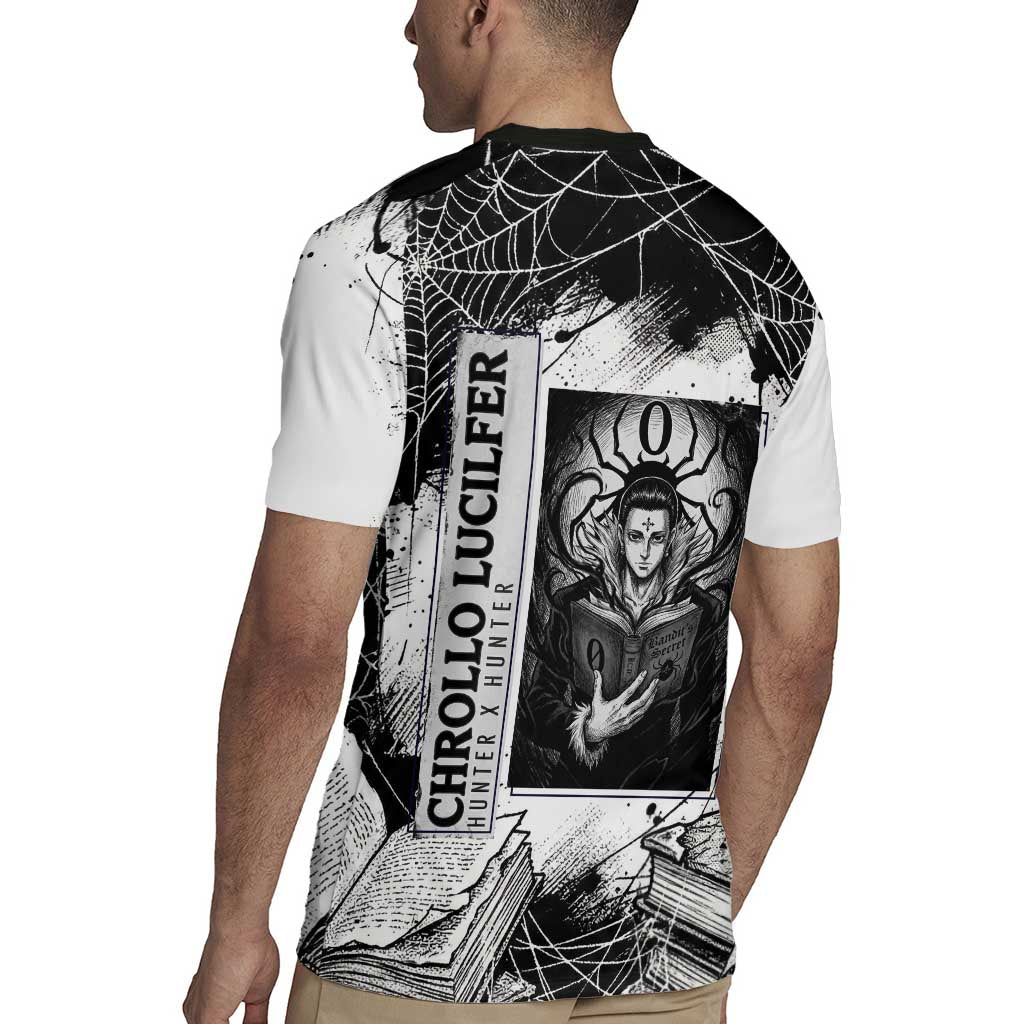Chrollo Lucilfer Gothic Style Rugby Jersey with Spider Webs, Grimoire Illustration and Monochrome Design - The Mazicc