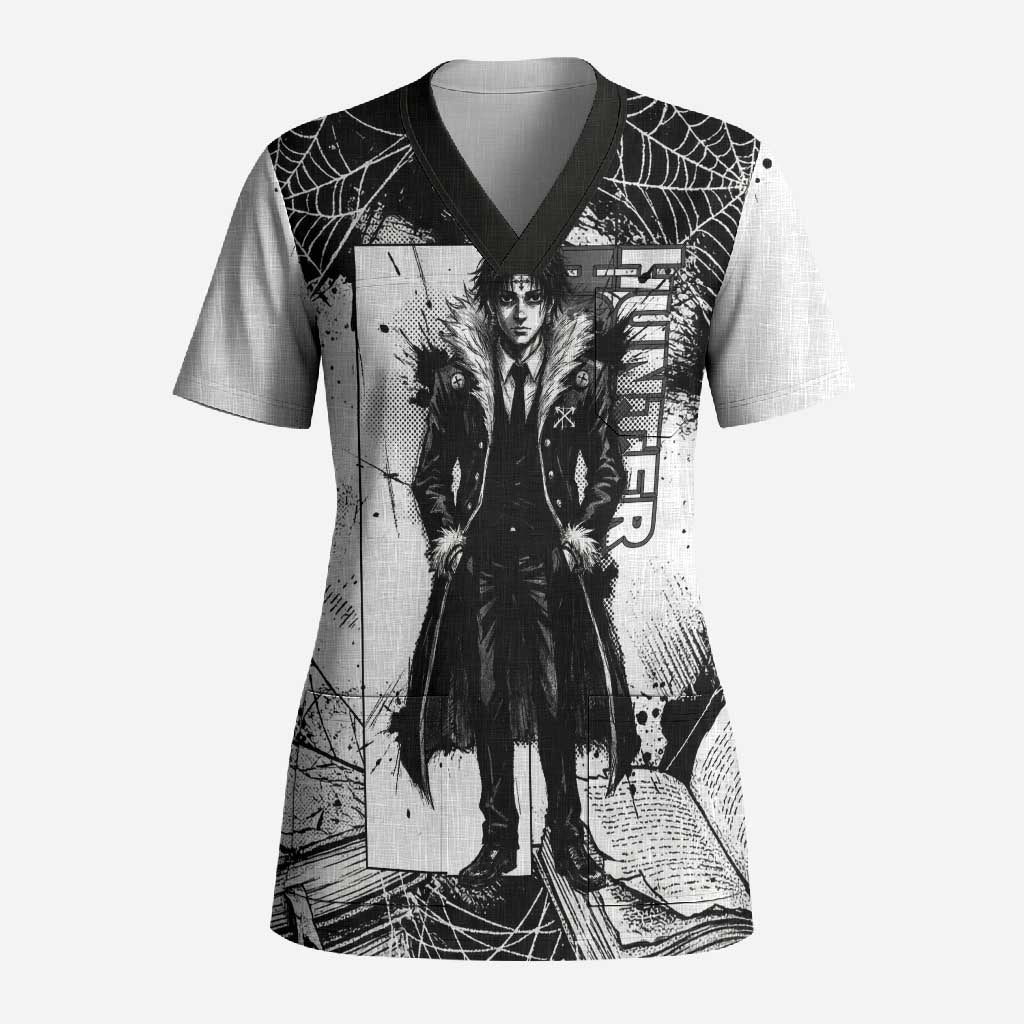 Chrollo Lucilfer Gothic Style Scrub Top with Spider Webs, Grimoire Illustration and Monochrome Design - The Mazicc