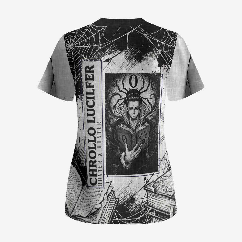 Chrollo Lucilfer Gothic Style Scrub Top with Spider Webs, Grimoire Illustration and Monochrome Design - The Mazicc