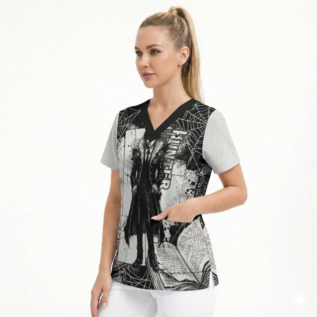 Chrollo Lucilfer Gothic Style Scrub Top with Spider Webs, Grimoire Illustration and Monochrome Design - The Mazicc