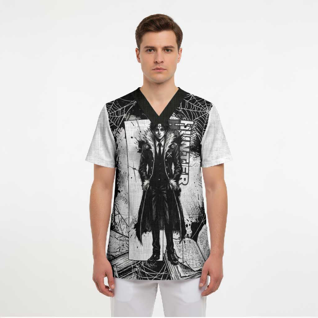 Chrollo Lucilfer Gothic Style Scrub Top with Spider Webs, Grimoire Illustration and Monochrome Design - The Mazicc