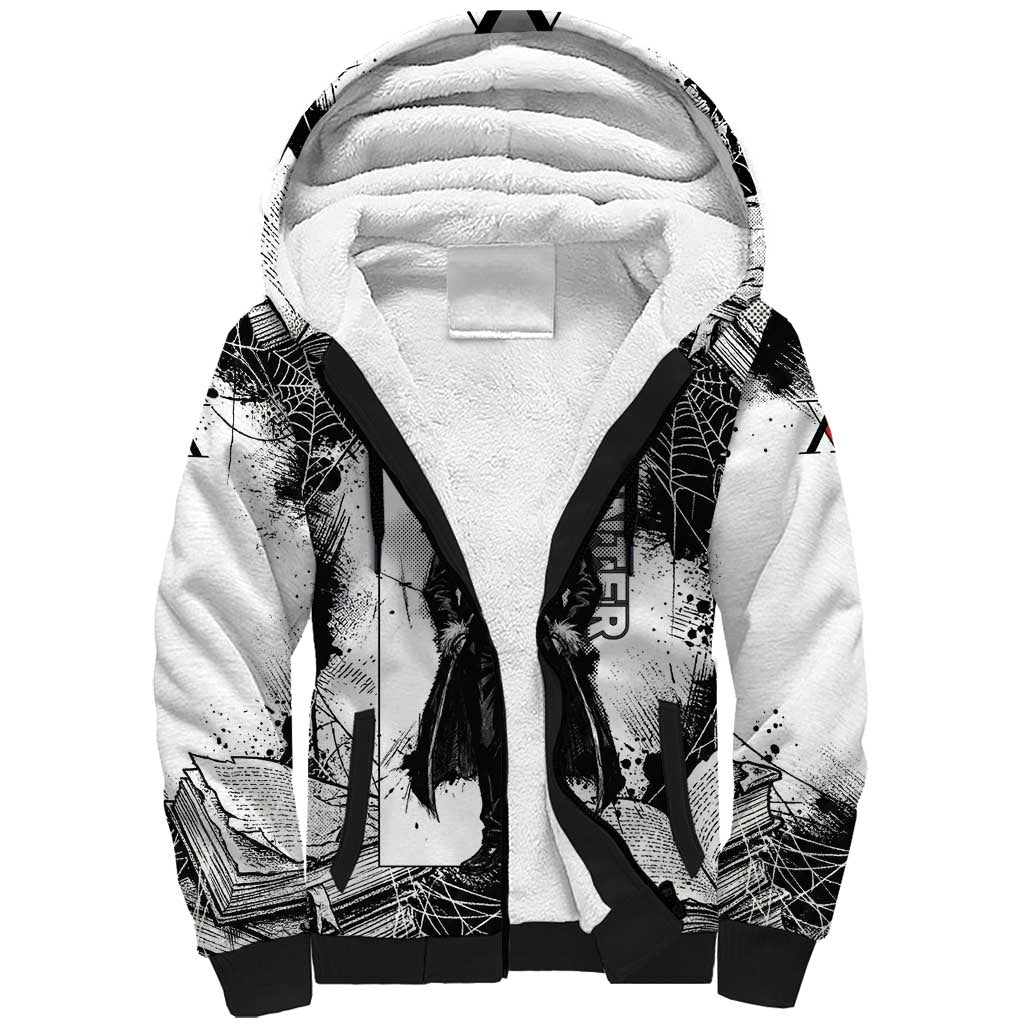 Chrollo Lucilfer Gothic Style Sherpa Hoodie with Spider Webs, Grimoire Illustration and Monochrome Design - The Mazicc