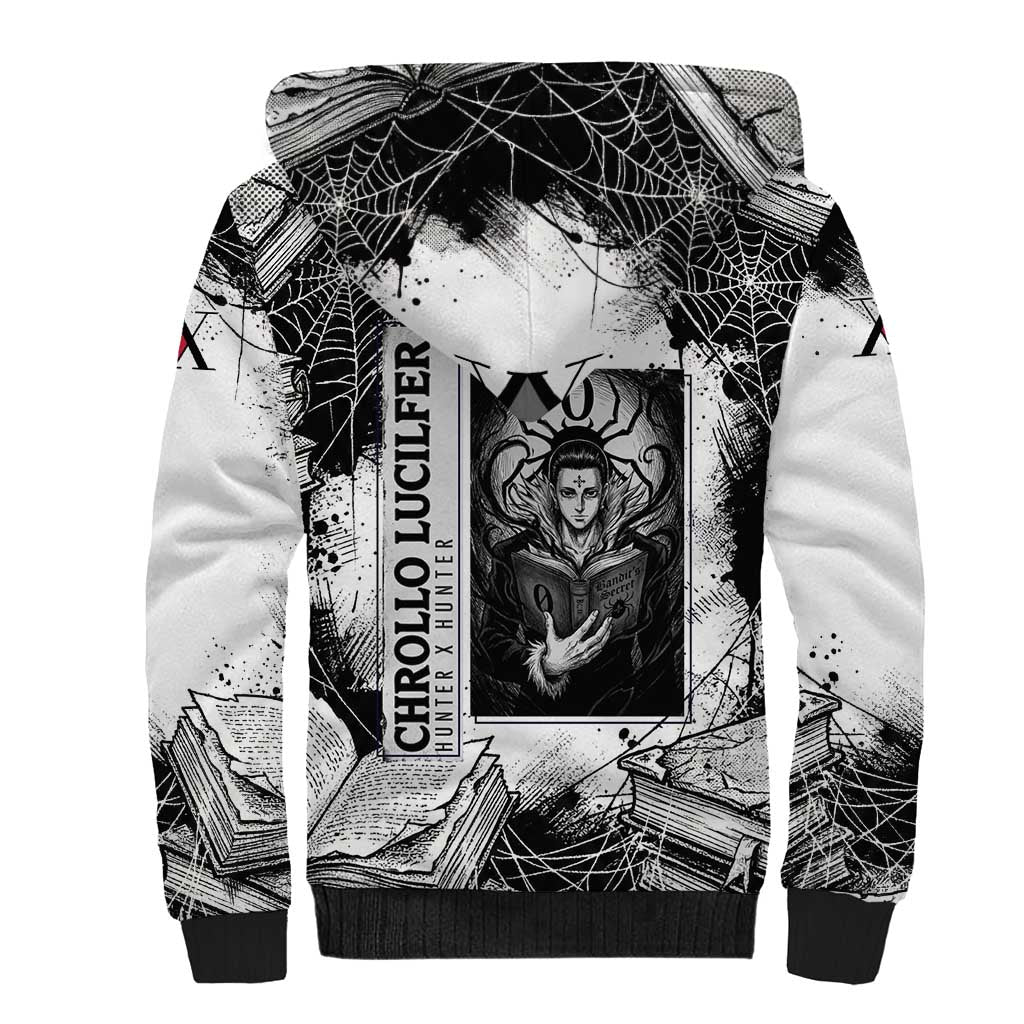 Chrollo Lucilfer Gothic Style Sherpa Hoodie with Spider Webs, Grimoire Illustration and Monochrome Design - The Mazicc