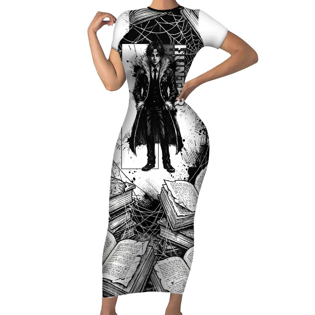 Chrollo Lucilfer Gothic Style Short Sleeve Bodycon Dress with Spider Webs, Grimoire Illustration and Monochrome Design - The Mazicc