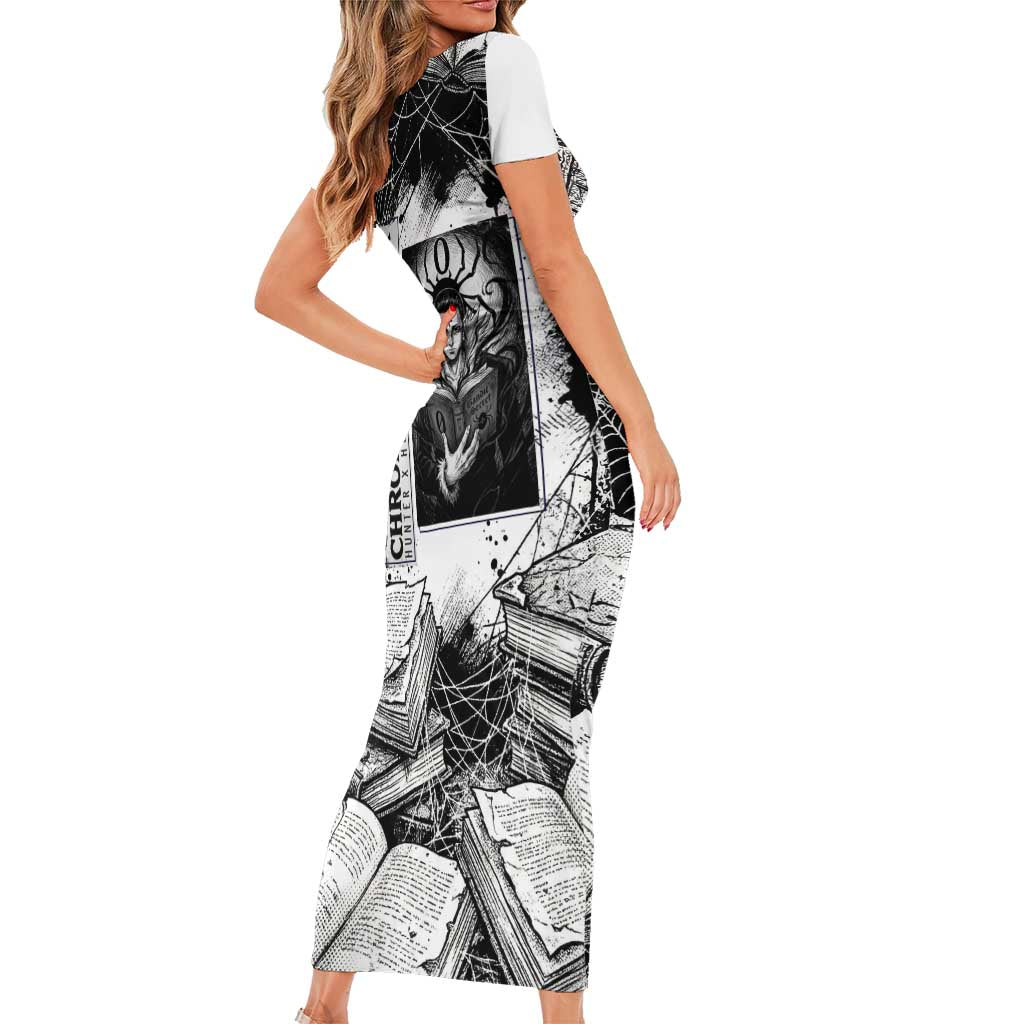Chrollo Lucilfer Gothic Style Short Sleeve Bodycon Dress with Spider Webs, Grimoire Illustration and Monochrome Design - The Mazicc