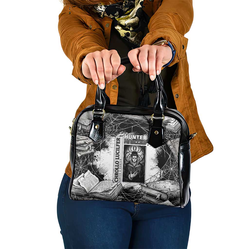 Chrollo Lucilfer Gothic Style Shoulder Handbag with Spider Webs, Grimoire Illustration and Monochrome Design - The Mazicc