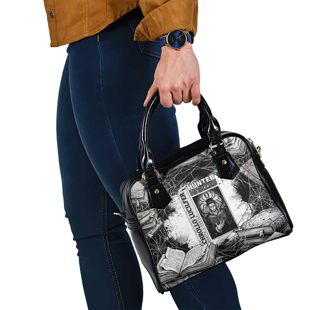 Chrollo Lucilfer Gothic Style Shoulder Handbag with Spider Webs, Grimoire Illustration and Monochrome Design - The Mazicc