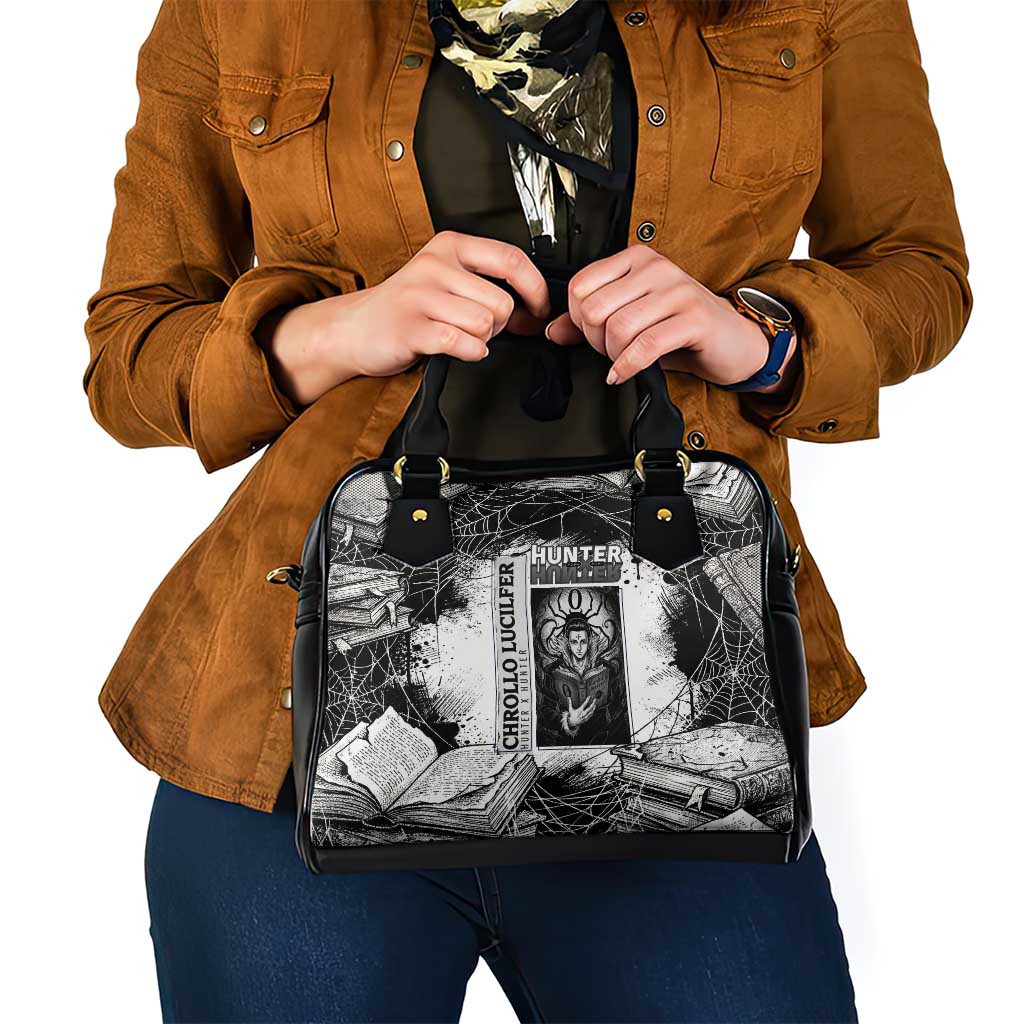Chrollo Lucilfer Gothic Style Shoulder Handbag with Spider Webs, Grimoire Illustration and Monochrome Design - The Mazicc