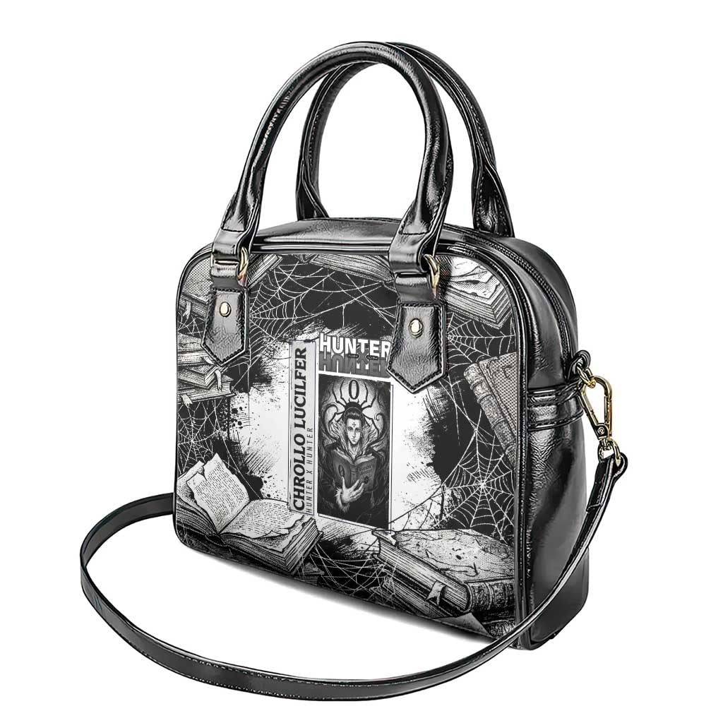 Chrollo Lucilfer Gothic Style Shoulder Handbag with Spider Webs, Grimoire Illustration and Monochrome Design - The Mazicc