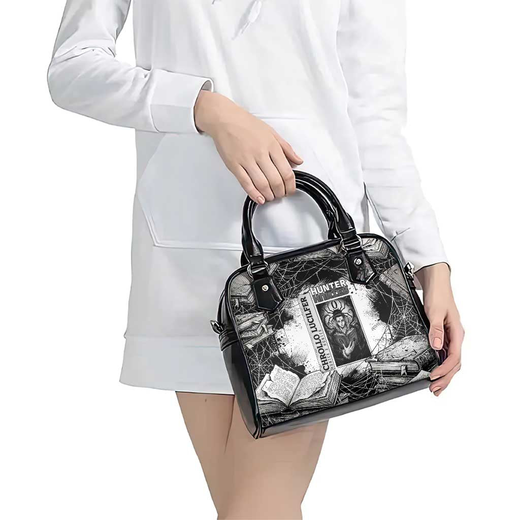 Chrollo Lucilfer Gothic Style Shoulder Handbag with Spider Webs, Grimoire Illustration and Monochrome Design - The Mazicc
