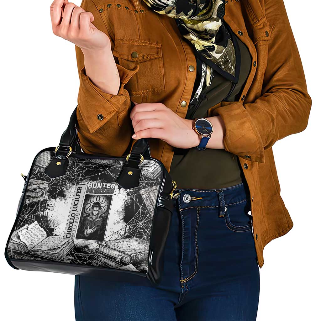 Chrollo Lucilfer Gothic Style Shoulder Handbag with Spider Webs, Grimoire Illustration and Monochrome Design - The Mazicc