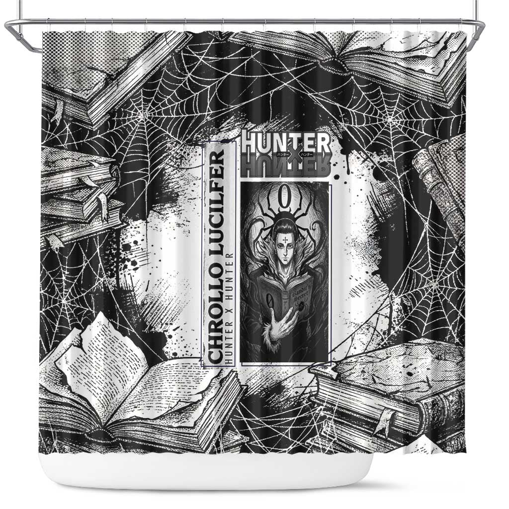 Chrollo Lucilfer Gothic Style Shower Curtain with Spider Webs, Grimoire Illustration and Monochrome Design - The Mazicc