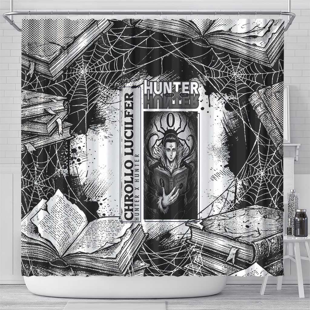 Chrollo Lucilfer Gothic Style Shower Curtain with Spider Webs, Grimoire Illustration and Monochrome Design - The Mazicc