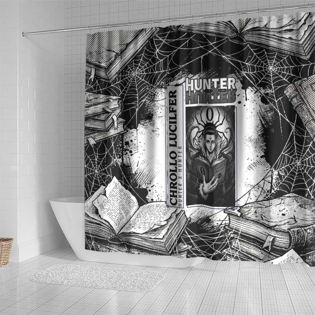 Chrollo Lucilfer Gothic Style Shower Curtain with Spider Webs, Grimoire Illustration and Monochrome Design - The Mazicc