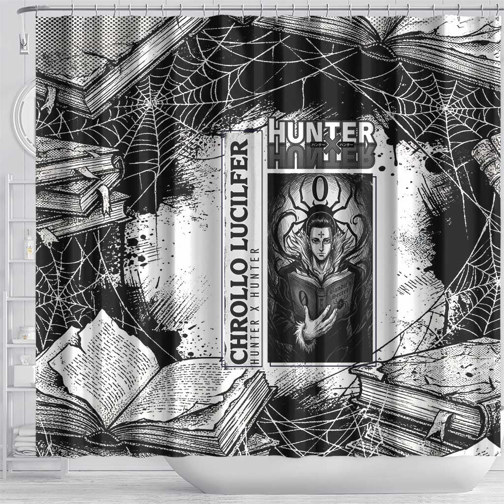 Chrollo Lucilfer Gothic Style Shower Curtain with Spider Webs, Grimoire Illustration and Monochrome Design - The Mazicc